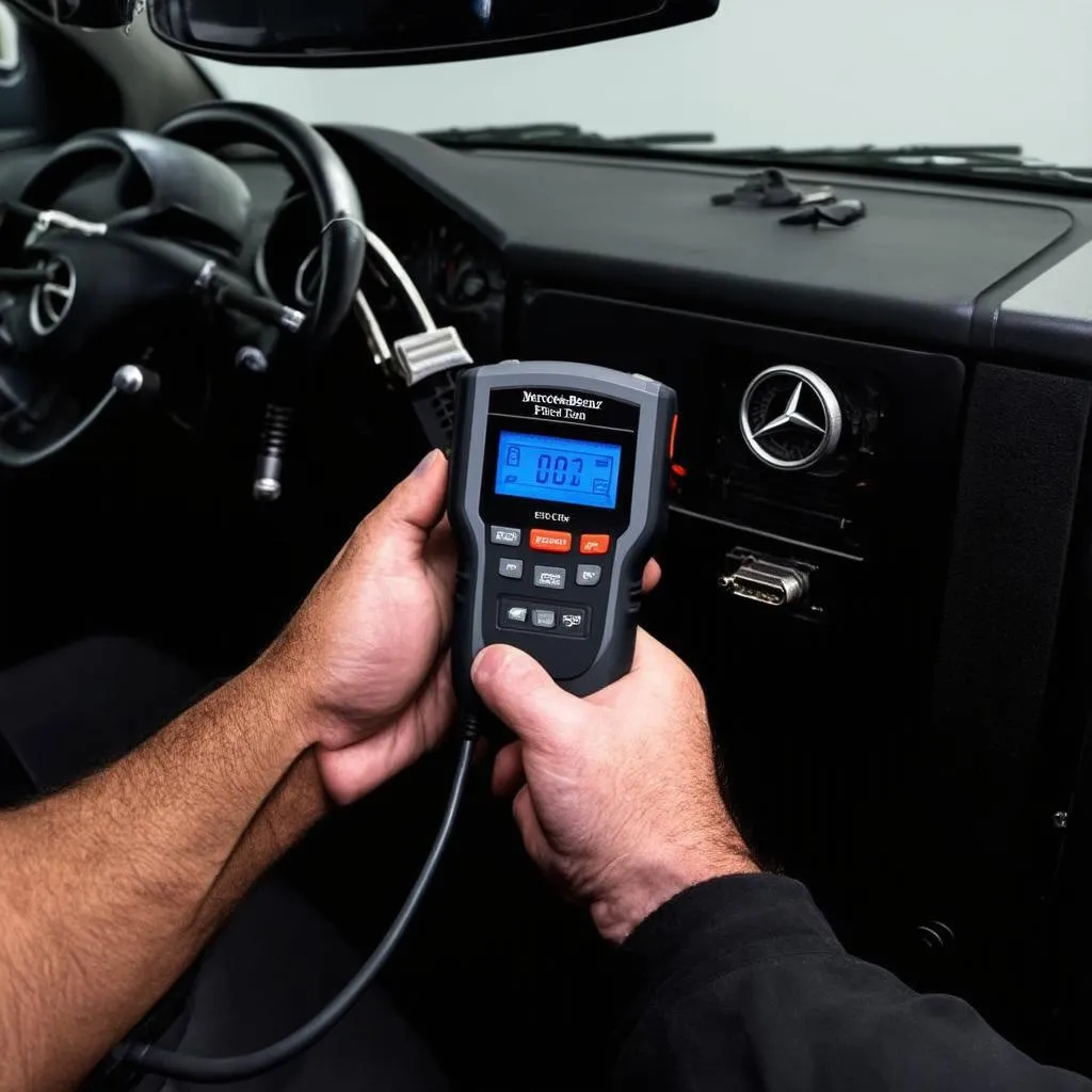 Mechanic connecting a diagnostic scanner to a Mercedes-Benz car